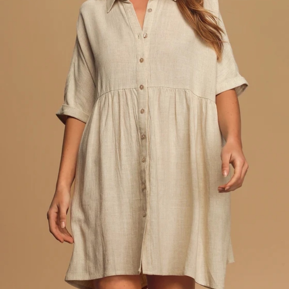 Lulus Beige Short Sleeve Button-Up Babydoll Dress, Linen blend. MEDIUM